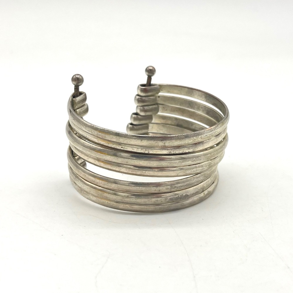 Vintage Silver Tone Multi Band Stacked Cuff Bracelet Statement Wide Rail
